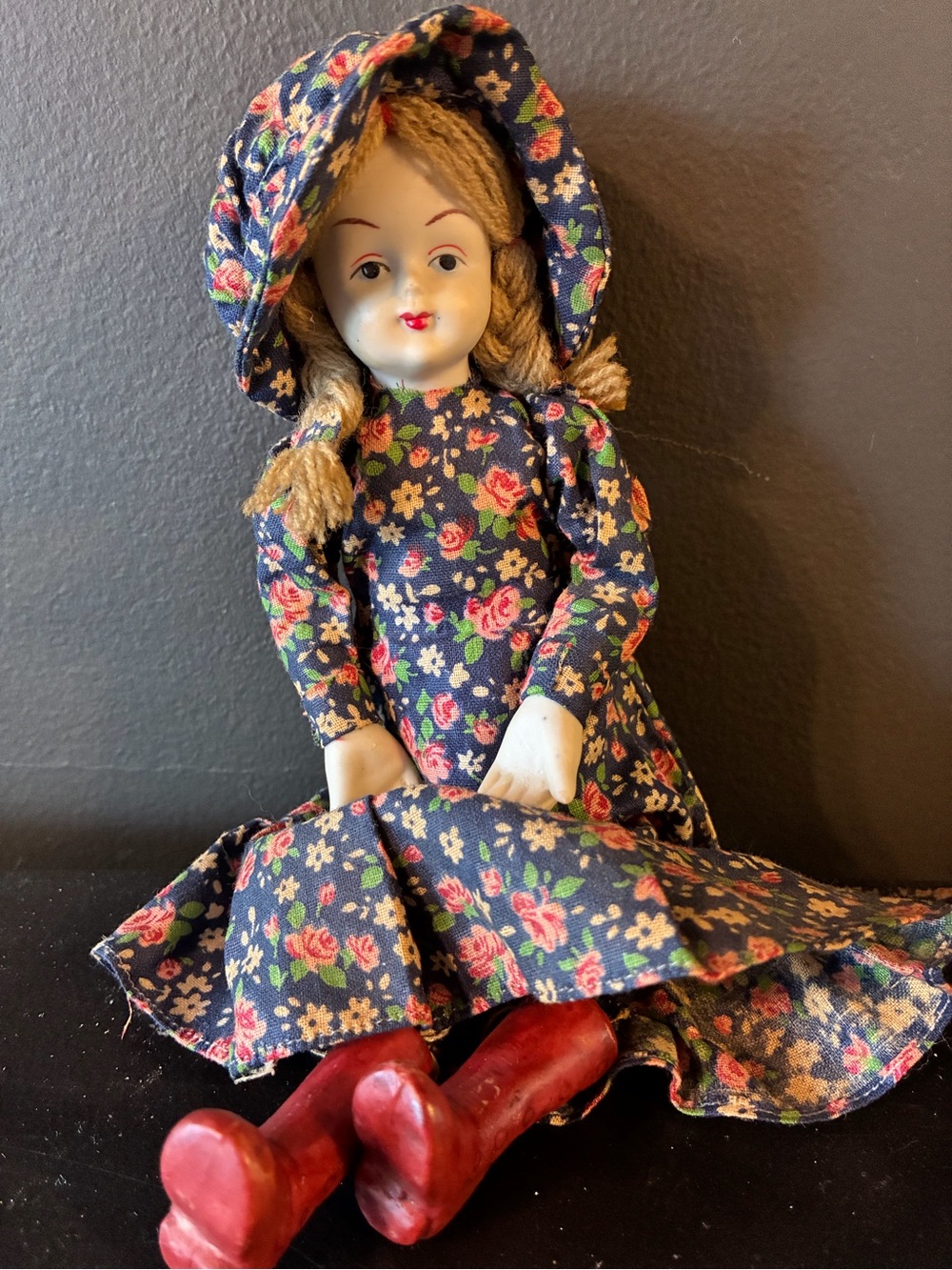 Antique Blue Floral Fabric Country Doll with Red Boots